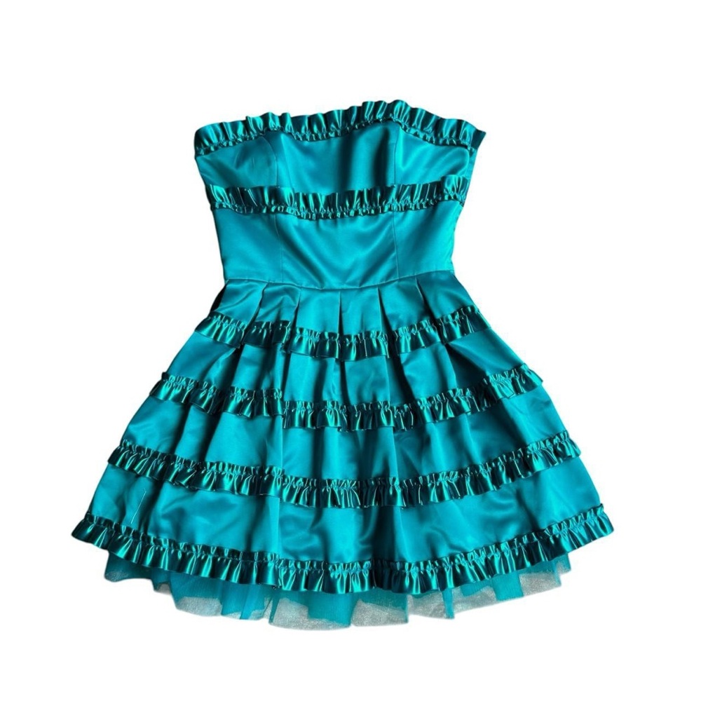 Y2k betsey Johnson twee coquette teal strapless party dress with ruffles sz 4